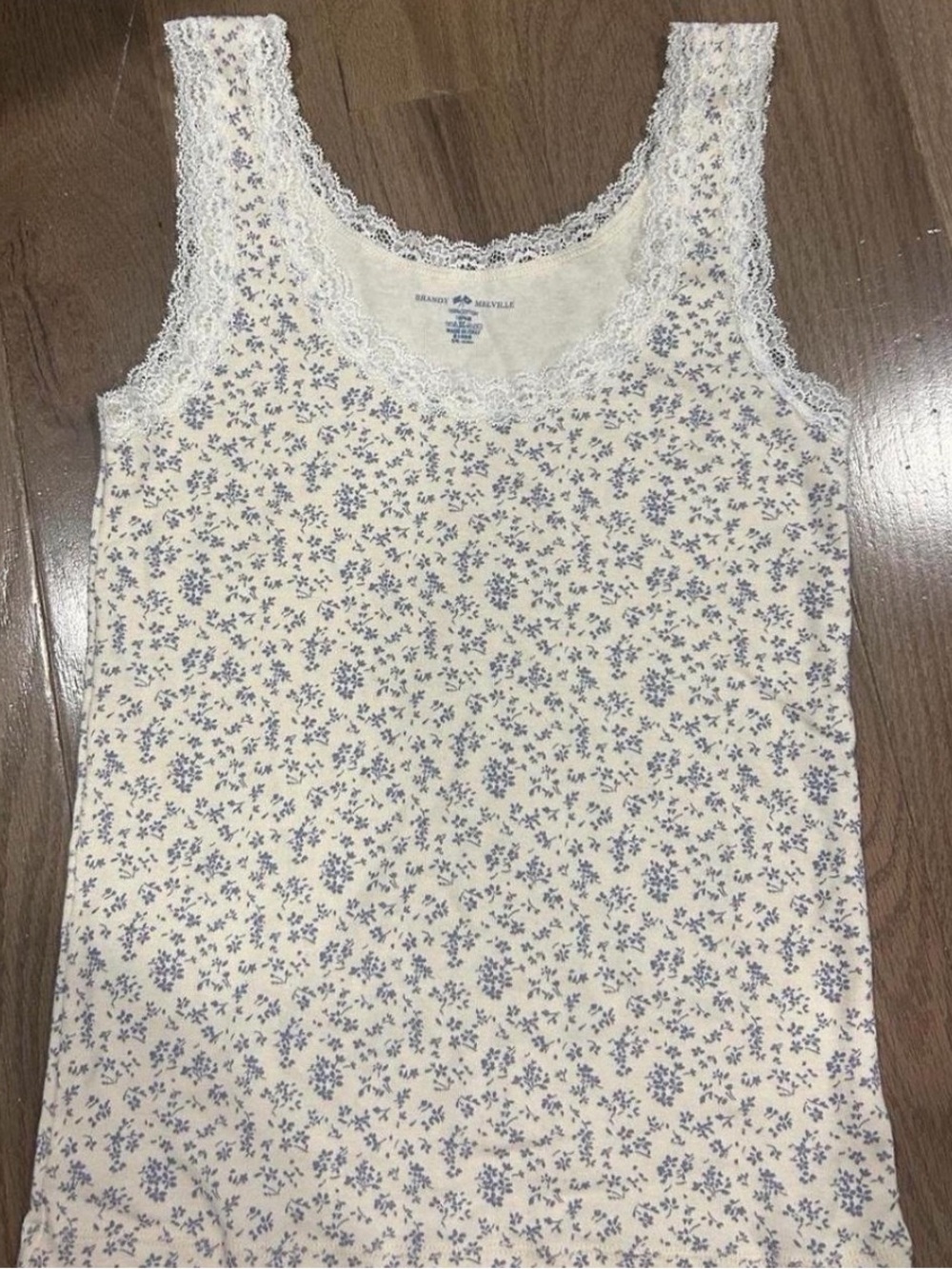 Brandy Melville Cream Tank with Small Blue Floral Print and Lace Trim